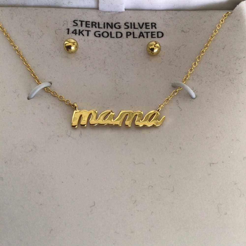 BRILLIANCE 14K GOLD PLATED STERLING SILVER MAMA NECKLACE & EARRING SET N…